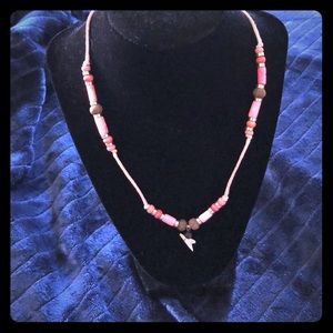 90s Surfer Pink Leather & Beads Shark‎ Tooth Necklace